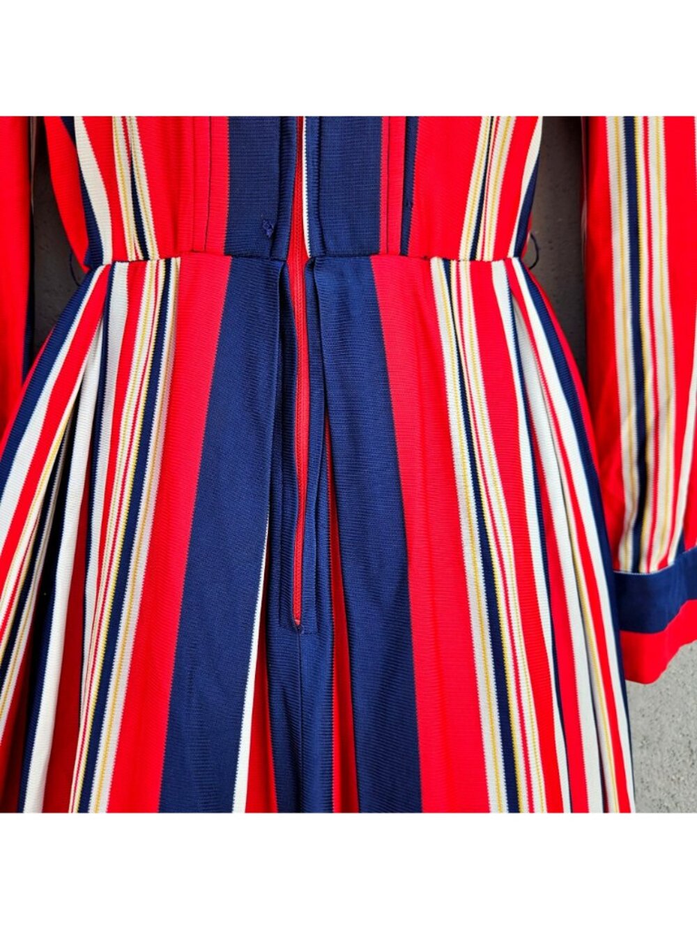 Vintage 70s California Stripe Nylon Knit Dress Red White Blue Zip Front Womens M - Picture 13 of 14